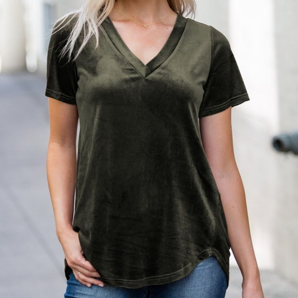 Olive Green Velvet V-neck Shortsleeve Top - Picture 2 of 3